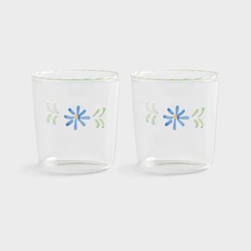 Glass flora blue set of 2